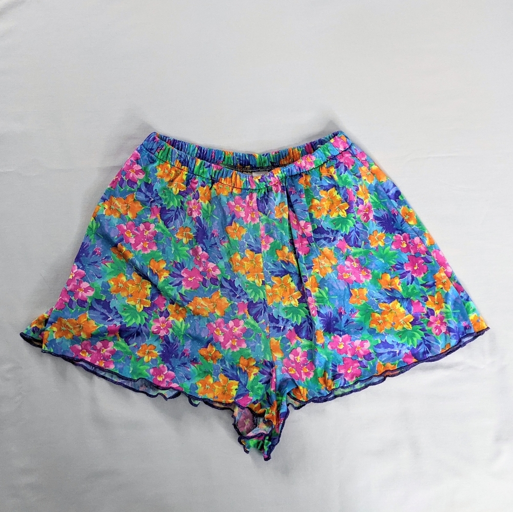 Vintage Ruffle Hem Colorful Floral Swim Shorts 80s Style
